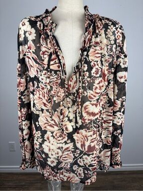 Ella Rafaella Floral Smocked Blouse Plus Size 1X Black Cream Pink Chiffon Top